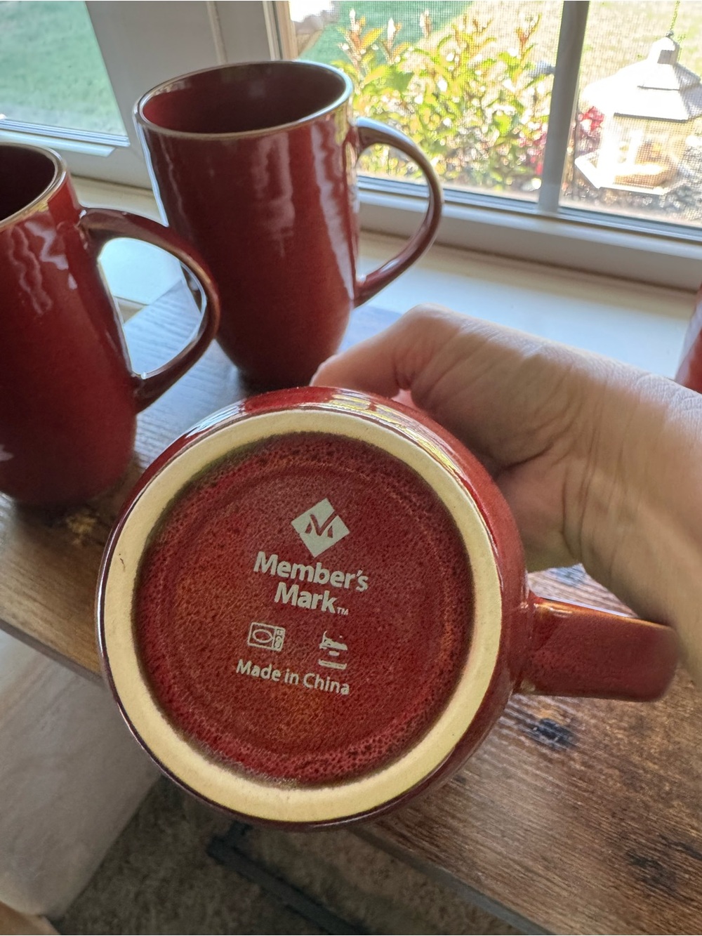 Set of 4 Member's Mark Deep Red & Tan Stoneware Tall Latte Coffee Mugs